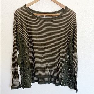 Free People Olive Green Striped Lace Side Top